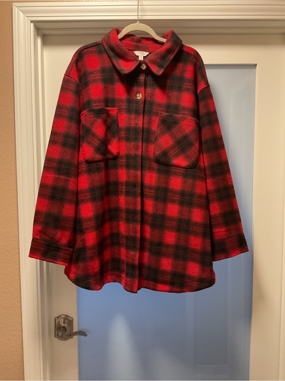 Terra & Sky Red and Black Plaid Button-Up Shacket